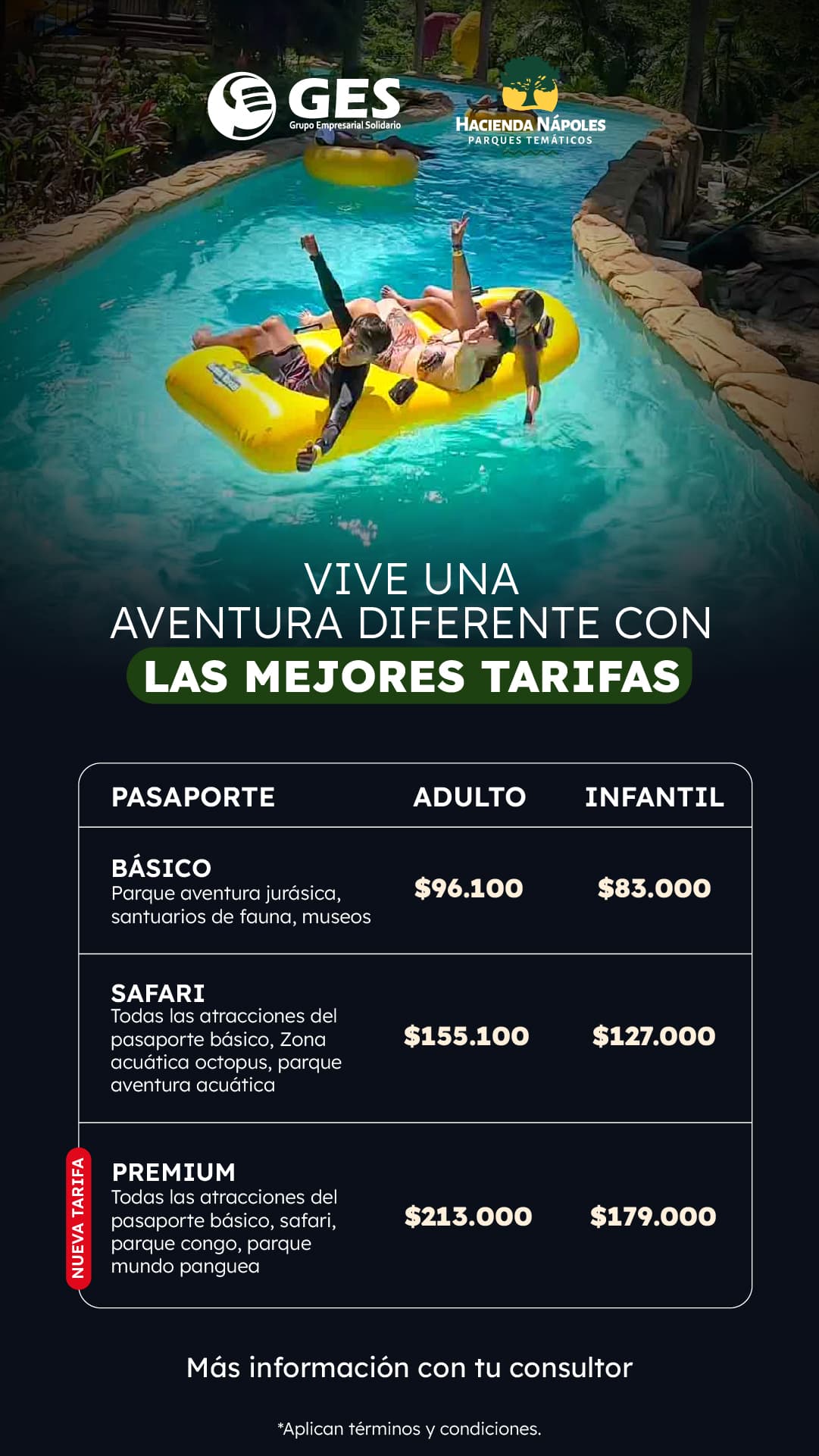 Campaña GES Hacienda Nápoles: pasaportes Básico, Safari y Premium
